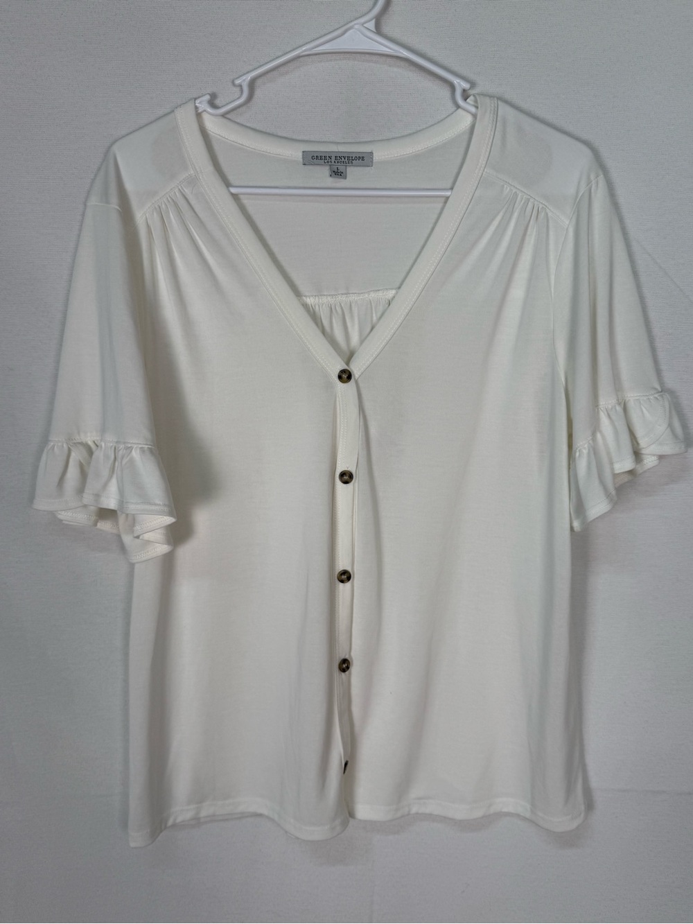 Green Envelope Cream Ruffle Sleeve Button-Front Top